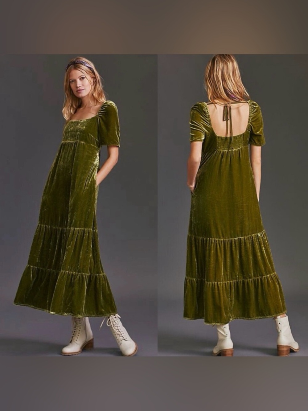Anthropology Green Velvet Empire Waste Maxi Dress Size 6